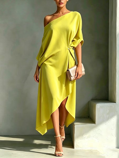 Elegant Plain Buttoned Crew Neck Midi Dress