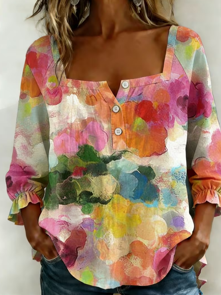 

Square Neck Three Quarter Sleeve Abstract Printing Regular Micro-Elasticity Loose Blouse For Women, As picture, Blouses