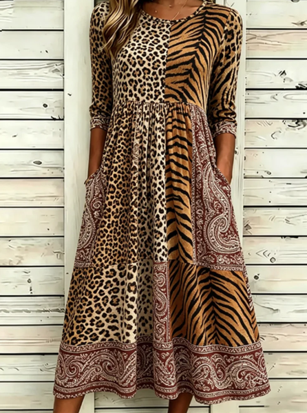 

Women Leopard Summer Dress Half Sleeve A-Line Dress, Brown, Dresses