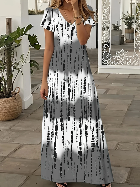 Women Abstract Stripes Short Sleeve Summer Printing Dress V Neck Daily Casual Maxi X-Line Dress