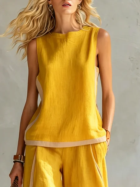 Cotton And Linen Casual Color Block Crew Neck Tank Top