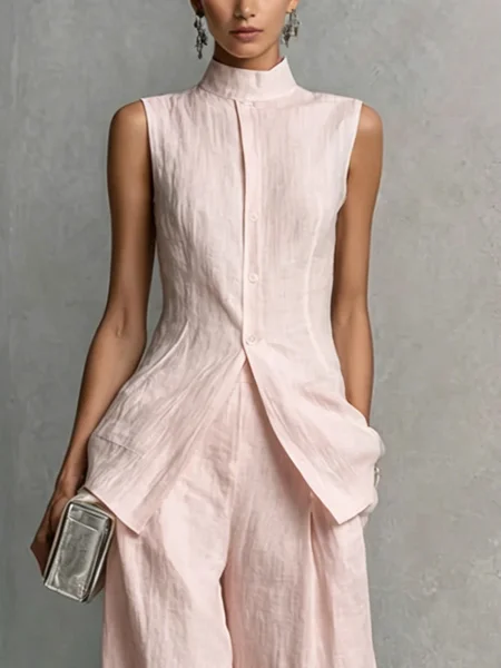 Elegant Linen Sleeveless Vest Stand Collar Asymmetrical Hem Office Wear