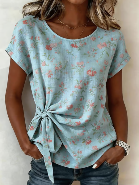 

Crew Neck Short Sleeve Botanical Pattern Regular Loose Shirt For Women, Blue, T-shirts