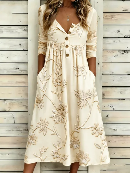 

Women Floral Summer Dress Half Open Collar Half Sleeve A-Line Dress, Apricot, Dresses