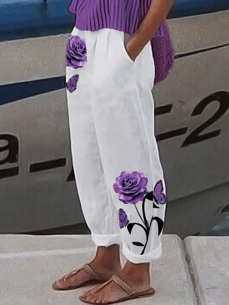 

Women Floral Long Pants Casual Spring/Fall Trousers, White, Pants