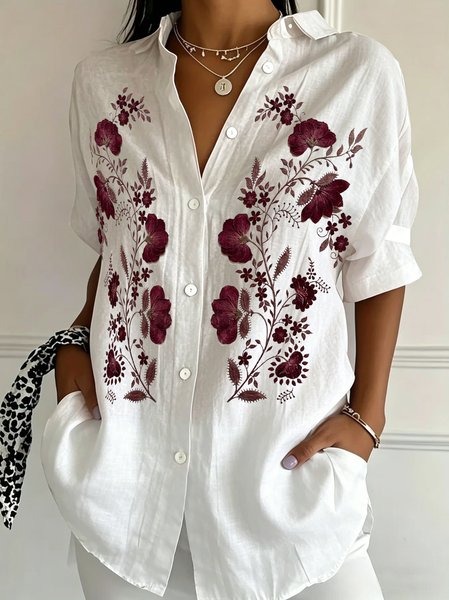 

Shawl Collar Short Sleeve Floral Regular Loose Shirt For Women, White, Shirts