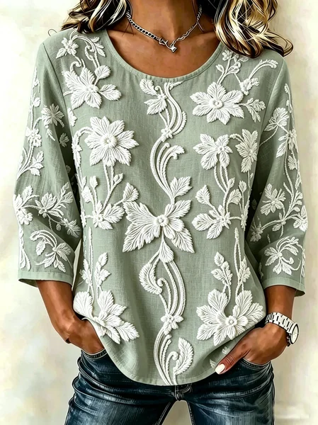 

Crew Neck Half Sleeve 3D Printing Lightweight Loose Blouse For Women, Green, Blouses