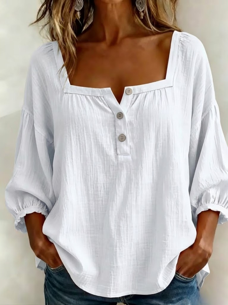 

Square Neck Three Quarter Sleeve Plain Printing Regular Micro-Elasticity Loose Blouse For Women, White, Blouses