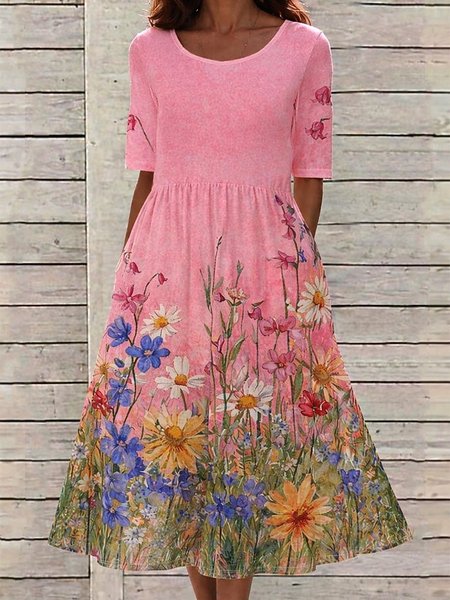 

Women Floral Summer Dress Half Sleeve A-Line Dress, Pink, Dresses