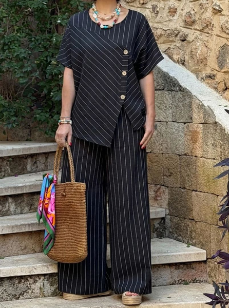 

Women Striped Two-Piece Set Daily Short Sleeve Vintage Summer Top With Pants Matching Set, Black, Sets