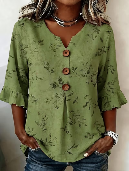 

Women Floral V Neck Half Sleeve Blouse Printing Vintage Daily Summer Top, Green, Blouses