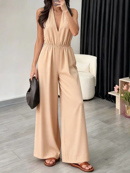 

Women Plain V Neck Sleeveless Casual Summer Jumpsuit, Champagne, Jumpsuits&Rompers