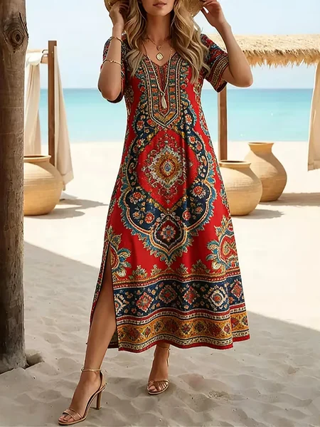 

Women Ethnic Summer Printing Dress Crew Neck Short Sleeve T-Shirt Dress H-Line Dress, Red, Dresses