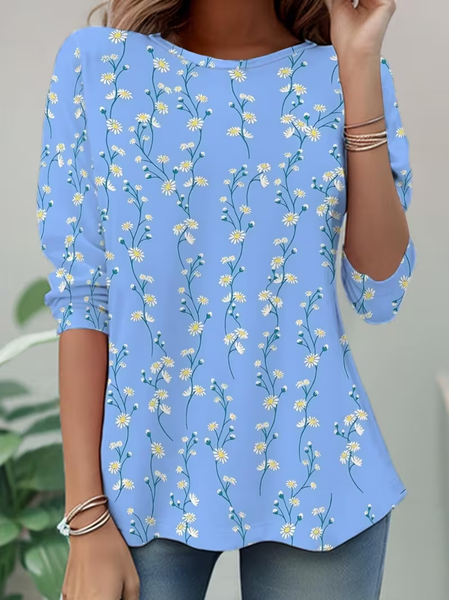 

Women Floral Long Sleeve Tee T-shirt Crew Neck Casual Tunic Spring/Fall Top, Blue, T-Shirts