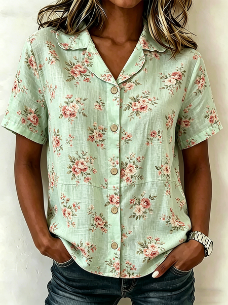 

Shawl Collar Short Sleeve Floral Lightweight Loose Shirt For Women, Green, Shirts