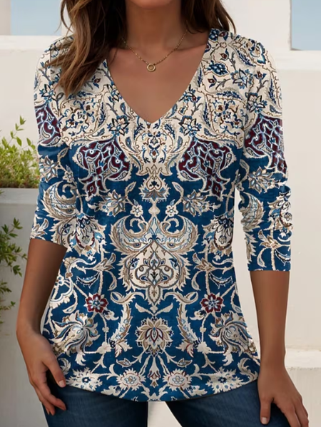 

Women Ethnic Long Sleeve Tee T-shirt V Neck Printing Casual Graphic Tee Spring/Fall Top, Blue, T-Shirts