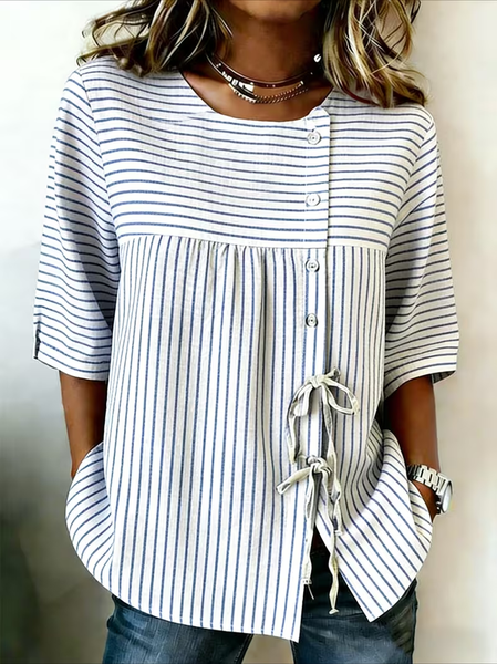 

Women Striped Crew Neck Half Sleeve Shirt Vintage Daily Summer Top, White, Shirts