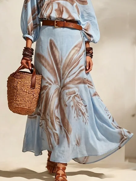 Vacation Printing Coconut Tree Maxi Skirt With No Belt