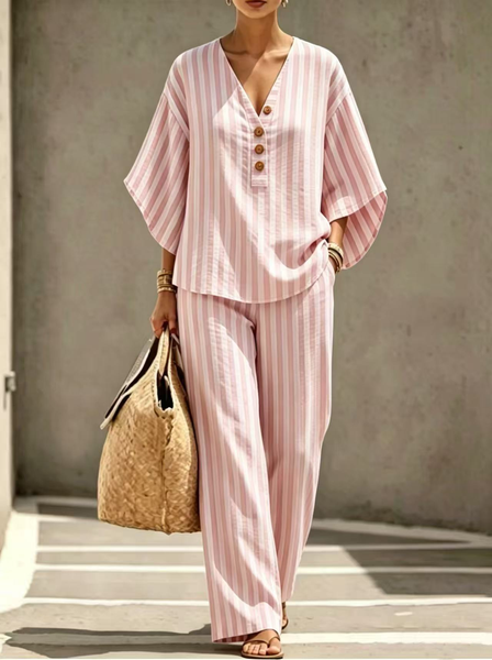 Women Striped Two-Piece Set Daily Short Sleeve Casual Summer Top With Pants Matching Set
