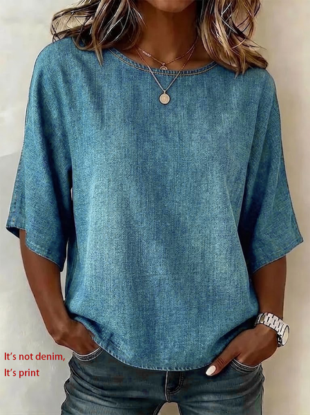 

Women Plain Crew Neck Half Sleeve Blouse Printing Vintage Daily Summer Top, Light blue, Blouses