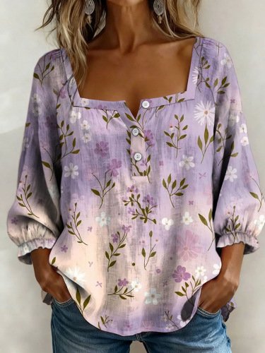 

Three Quarter Sleeve Floral Lightweight Loose Shirt For Women, Purple, Blouses