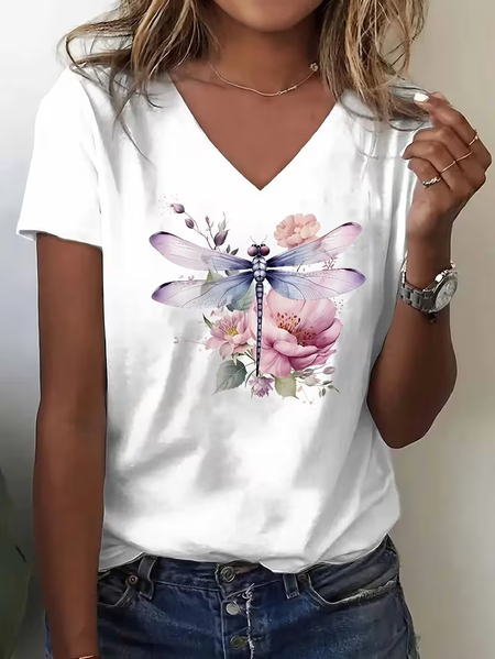 

Women Floral Short Sleeve Tee T-shirt V Neck Printing Vintage Summer Top, White, T-Shirts