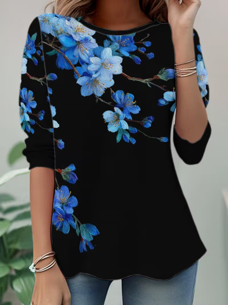 

Women Floral Long Sleeve Tee T-shirt Crew Neck Casual Tunic Spring/Fall Top, Black, T-Shirts