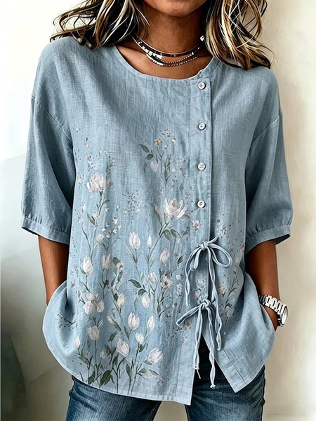 

Women Floral Crew Neck Half Sleeve Shirt Vintage Daily Summer Top, Blue, Shirts