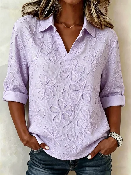 

Shawl Collar Half Sleeve Floral Lightweight Loose Shirt For Women, Light purple, Blouses