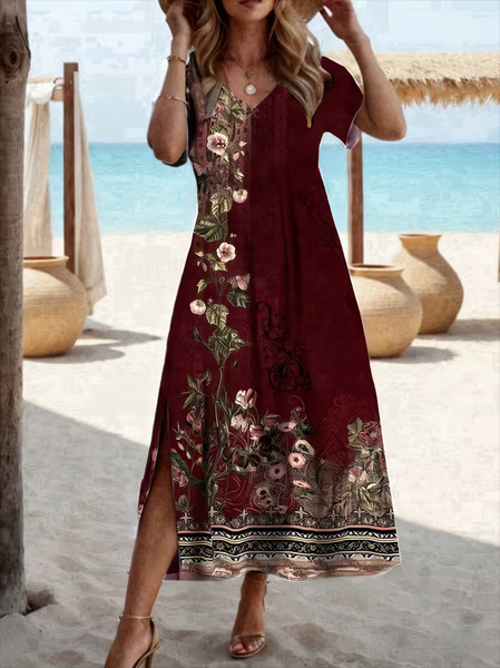 

Women Floral Summer Printing Dress Crew Neck Short Sleeve T-Shirt Dress H-Line Dress, Wine red, Dresses
