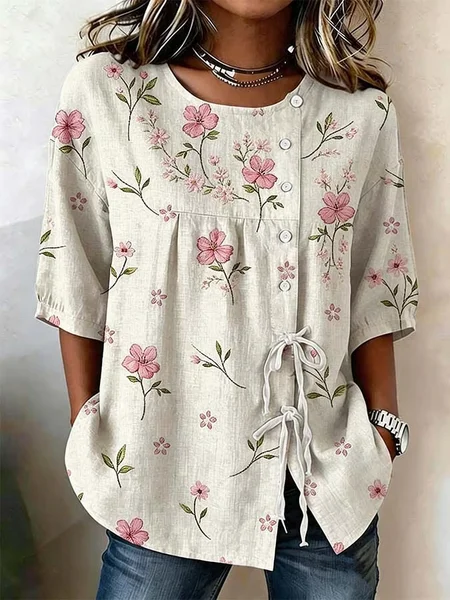 

Women Floral Crew Neck Half Sleeve Shirt Vintage Daily Summer Top, Apricot, Shirts