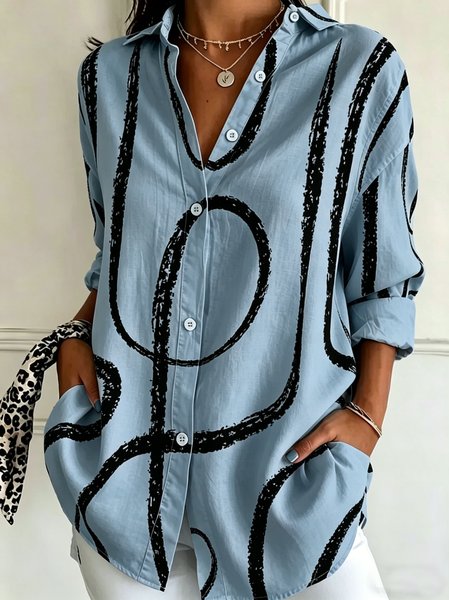 

Shawl Collar Long Sleeve Abstract Graphic Regular Loose Shirt For Women, Blue, Shirts