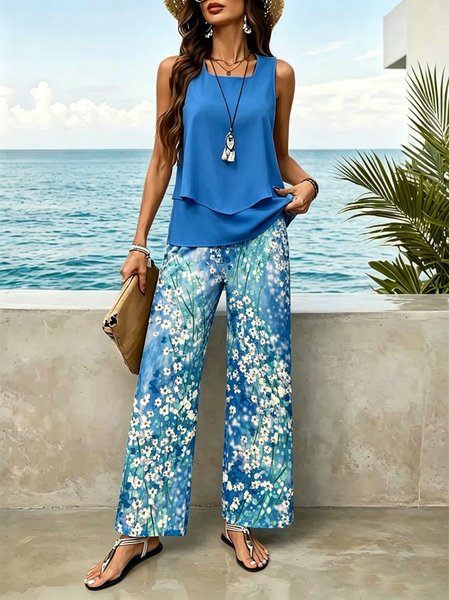 

Women Floral Two-Piece Set Daily Sleeveless Casual Summer Matching Set, Blue, Sets
