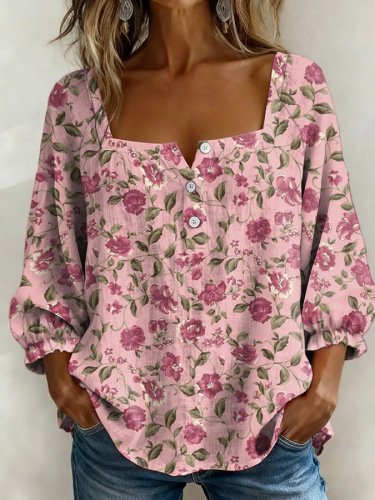 

Three Quarter Sleeve Floral Lightweight Loose Shirt For Women, Pink, Blouses