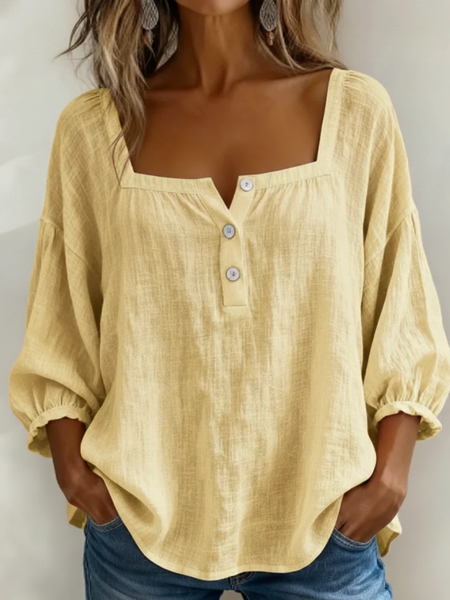 

Women Plain Square Neck Three Quarter Sleeve Blouse Printing Vintage Daily Spring/Fall Top, Yellow, Blouses