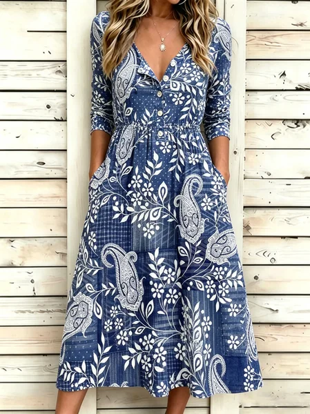 

Women Paisley Summer Dress Half Open Collar Half Sleeve Fit & Flare Dress A-Line Dress, Blue, Dresses