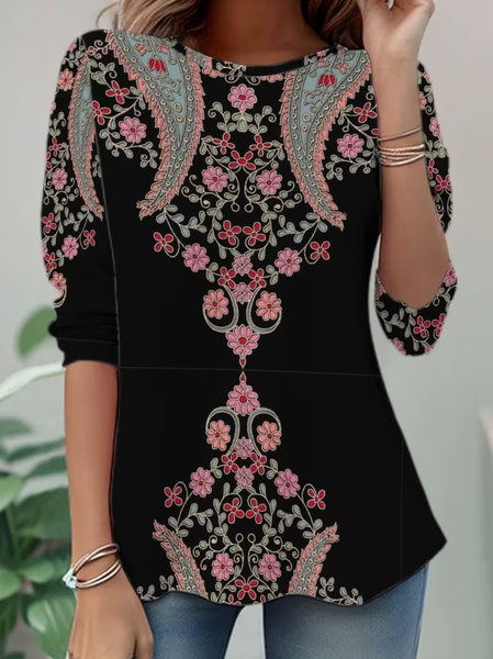 

Casual Floral Crew Neck Long Sleeve T-shirt, Black, T-shirts