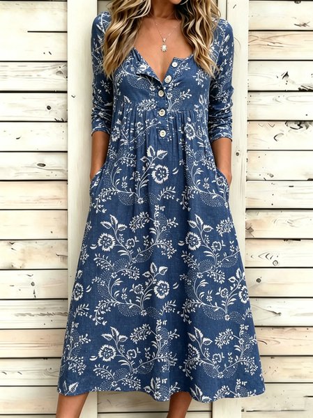 

Women Floral Summer Dress Half Open Collar Half Sleeve Fit & Flare Dress A-Line Dress, Blue, Dresses