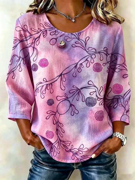 

Crew Neck Half Sleeve Floral Lightweight Loose Shirt For Women, Purple, Blouses