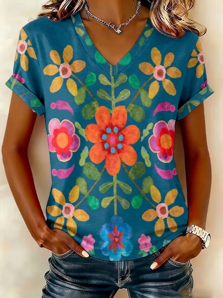 Vintage Floral V Neck Short Sleeve T-shirt