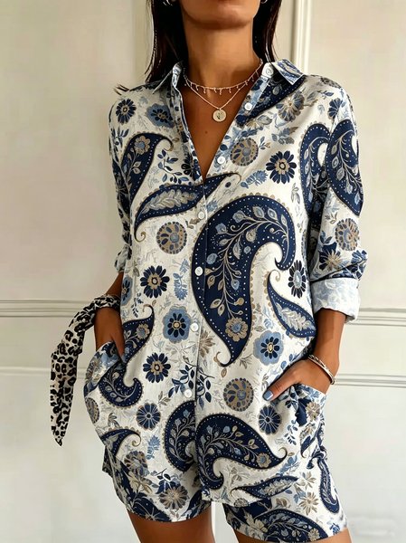 Shawl Collar Long Sleeve Paisley Regular Loose Shirt For Women