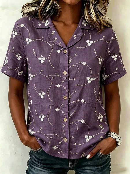 

Shawl Collar Short Sleeve Floral Lightweight Loose Shirt For Women, Purple, Shirts