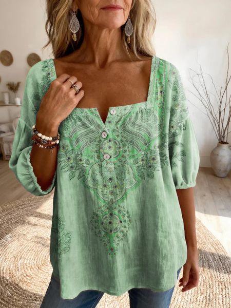 

Women Floral Square Neck Three Quarter Sleeve Blouse Printing Vintage Daily Spring/Fall Top, Green, Blouses