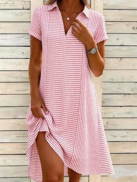 Women Striped All Season Dress Shawl Collar Short Sleeve Shirt Dress A-Line Dress