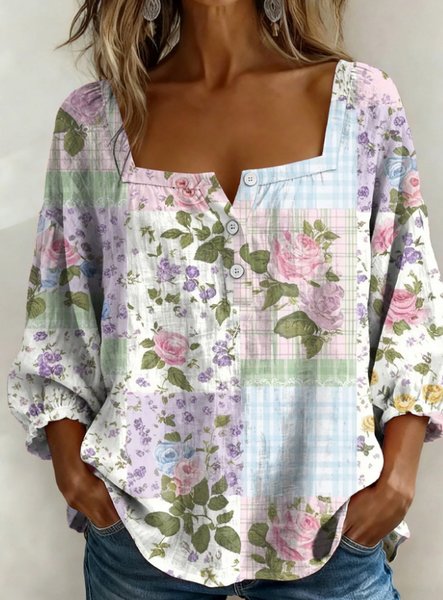 Three Quarter Sleeve Geometric Lightweight Loose Shirt For Women