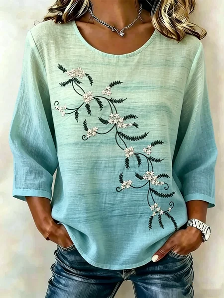 

Crew Neck Half Sleeve Floral Lightweight Loose Shirt For Women, Green, Blouses