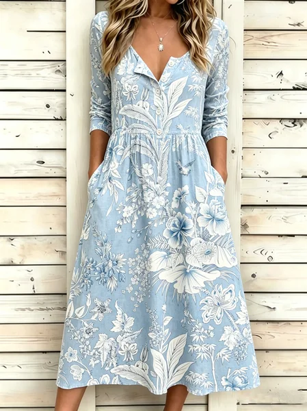 

Women Floral Summer Dress Half Open Collar Half Sleeve Fit & Flare Dress A-Line Dress, Light blue, Dresses