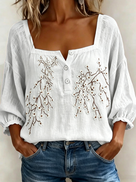 

Three Quarter Sleeve Floral Lightweight Loose Shirt For Women, White, Blouses