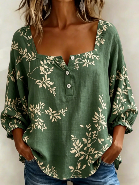 

Three Quarter Sleeve Botanical Pattern Lightweight Loose Shirt For Women, Green, Blouses