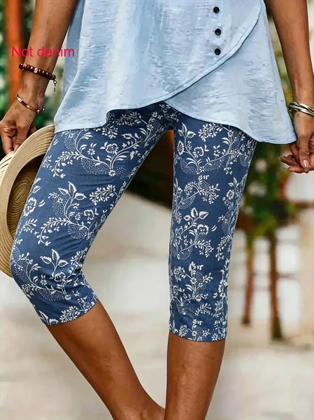 Women Floral Elastic Waist Vintage Summer Capris Leggings